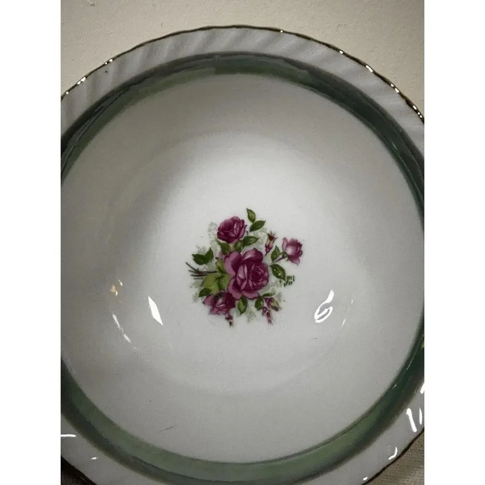 Vintage Japan Porcelain Bowl 6.75” – Roses, Green Band, Gold Trim